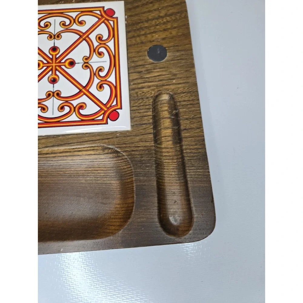 Vtg 1970s Japanese Keyaki Wood Cheese Board Charcuterie Tray Orange Scroll Tile